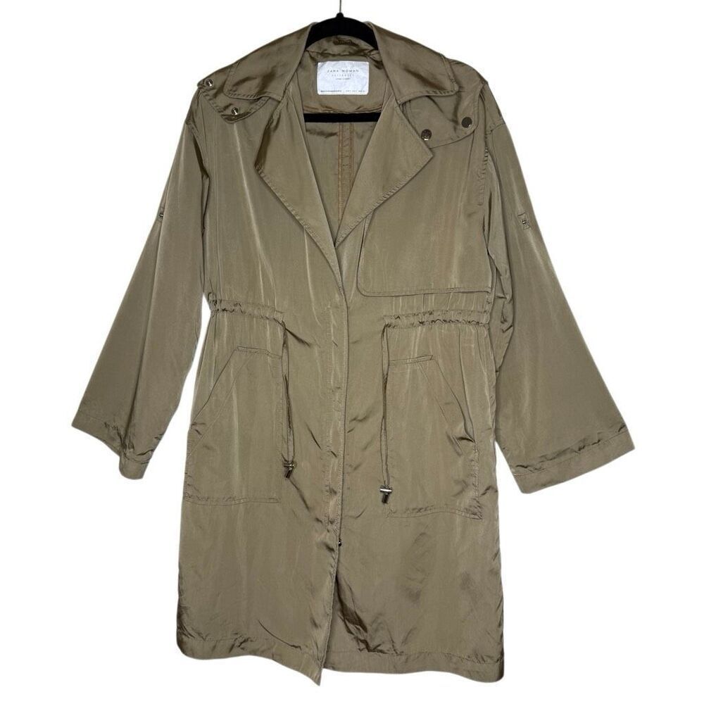 Zara Khaki Hooded, Drawstring Waist, Convertible Sleeve Trench Coat Size S